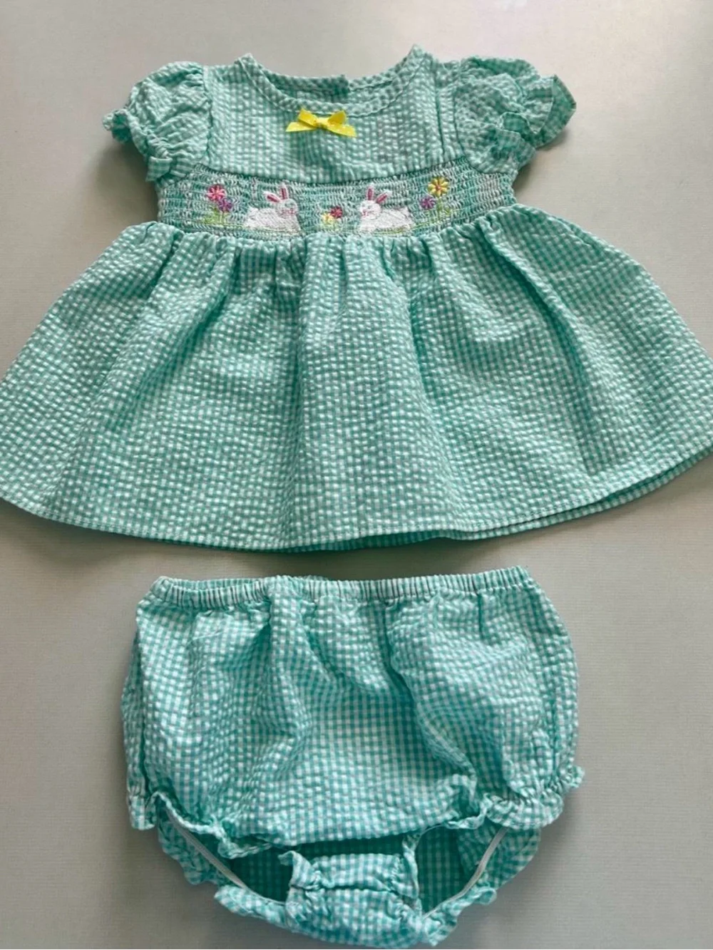 Good Lad Mint Green Gingham Dress and Bloomers Set with Bunny Smocking